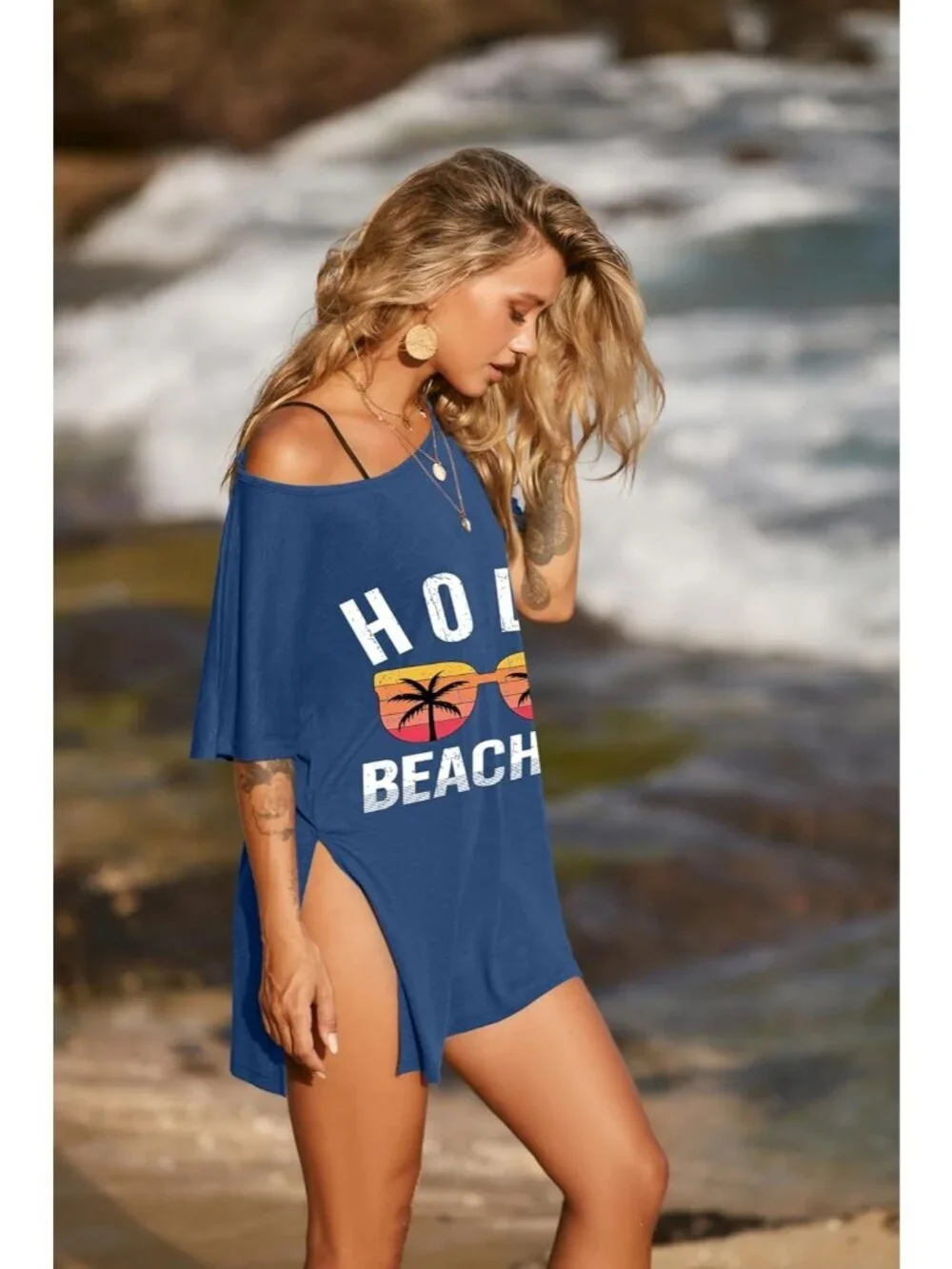 Women's Blue Hola Short Sleeve Cover Ups for Beach Bathing Suit Swimwear